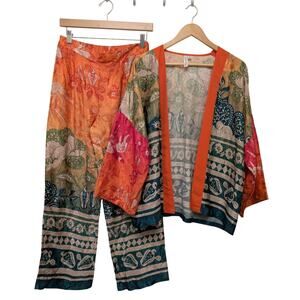 Bonjour Madame 2Pc 1508‎ Pajama Set Kimono Top & Wide Leg Pants Jacquard Viscose